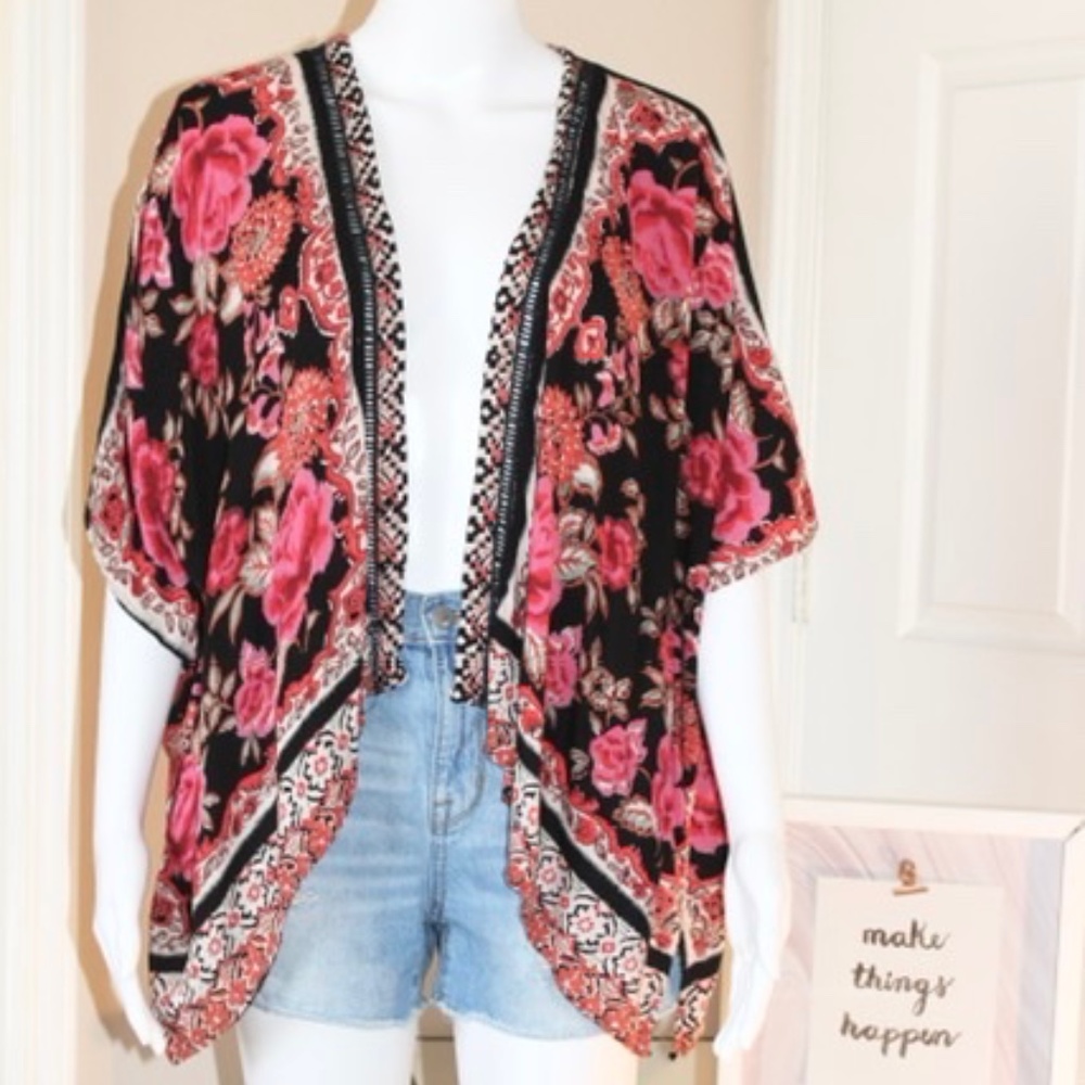 Brand: Angie. Black kimono with multi printed colors. L/Large